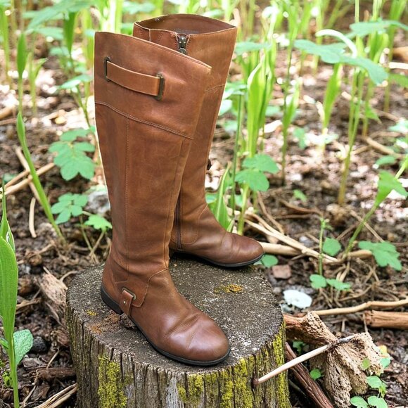 Etienne Aigner Brown Leather Equestrian Tall Boots Size 5.5 - Picture 1 of 11